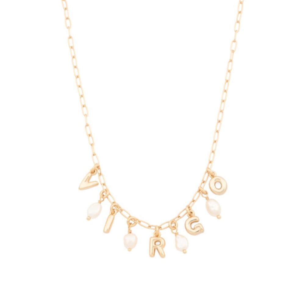 NWT LUNA NORTE Virgo Gold Tone Pearl Astrological Lettering Necklace w/ Gift Box